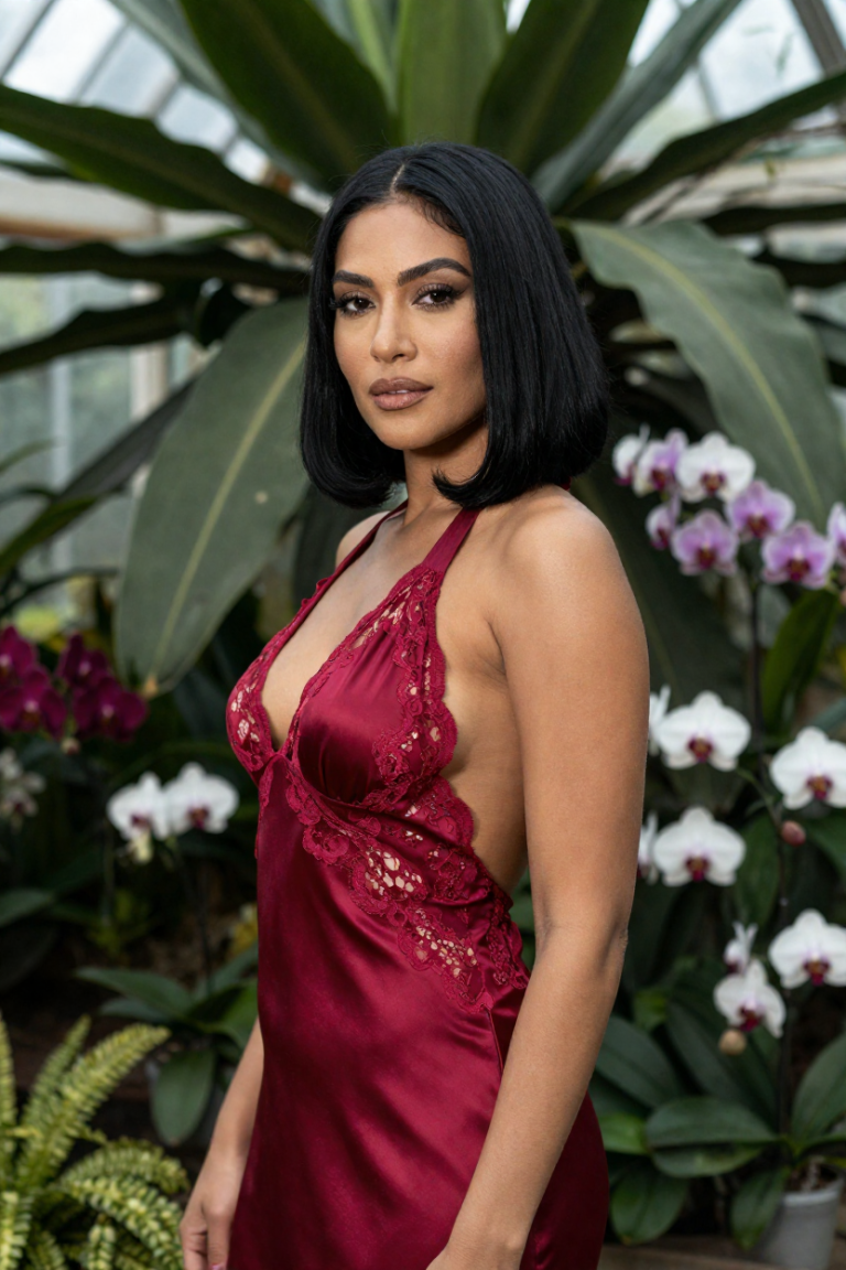 TokenSGMap muse in a ruby-red silk halter negligee before an orchid wall